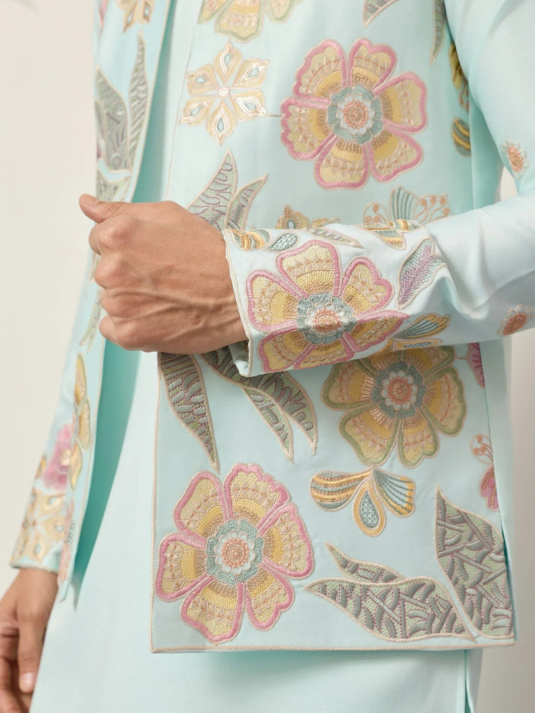 Sparkling Green Silk Function Wear Men’s Kurta With Embroidered Koti
