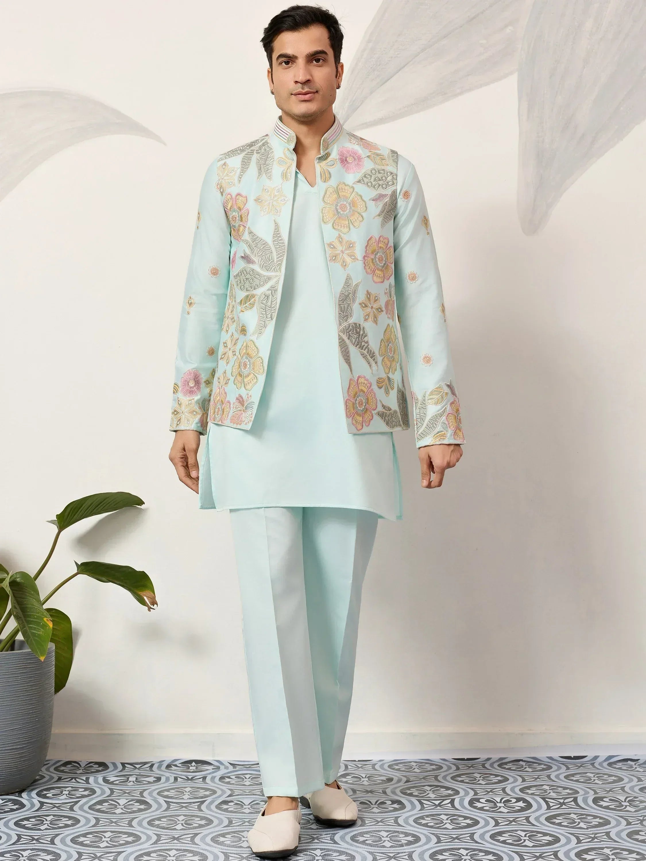 Sparkling Green Silk Function Wear Men’s Kurta With Embroidered Koti