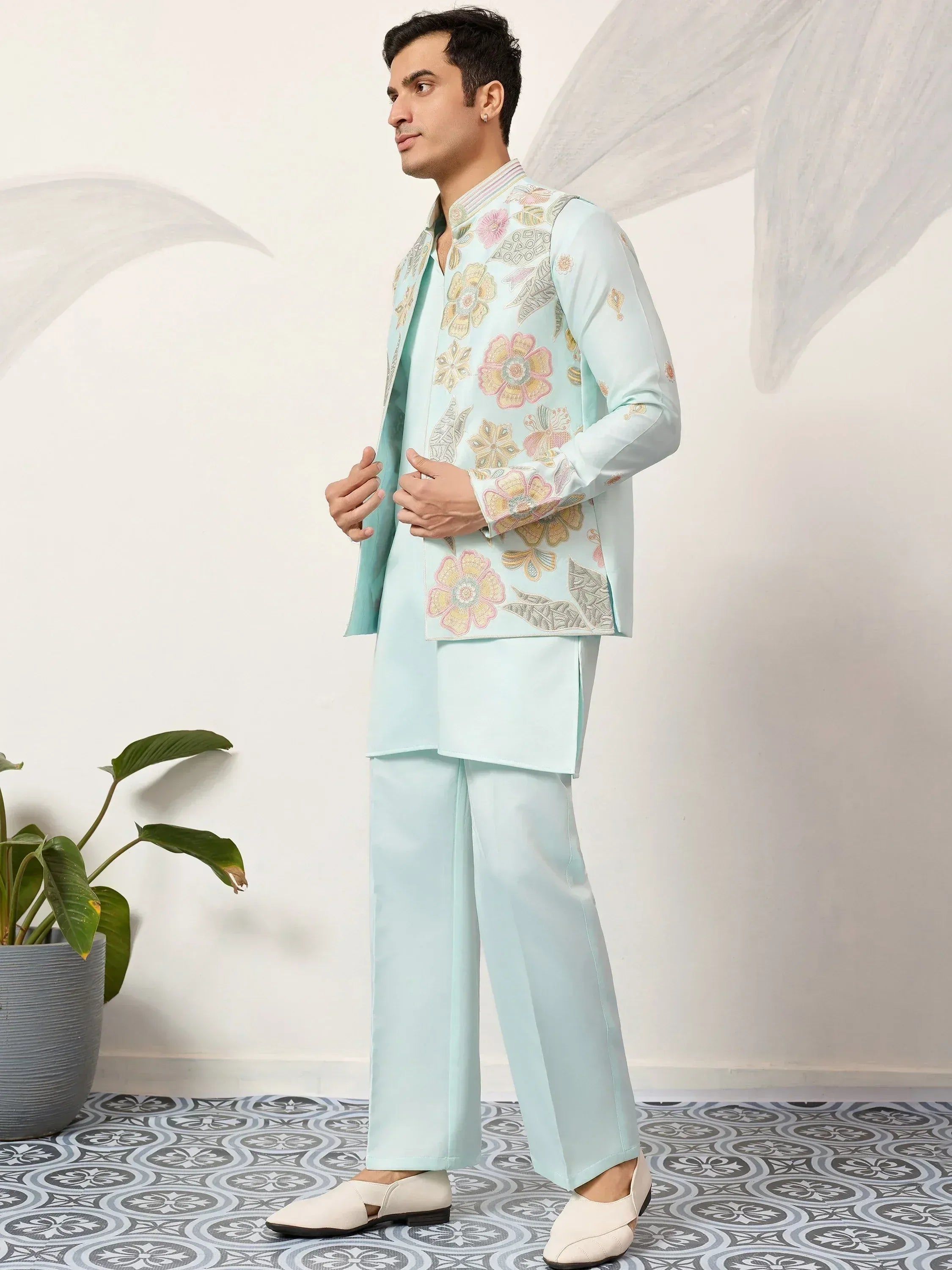 Sparkling Green Silk Function Wear Men’s Kurta With Embroidered Koti