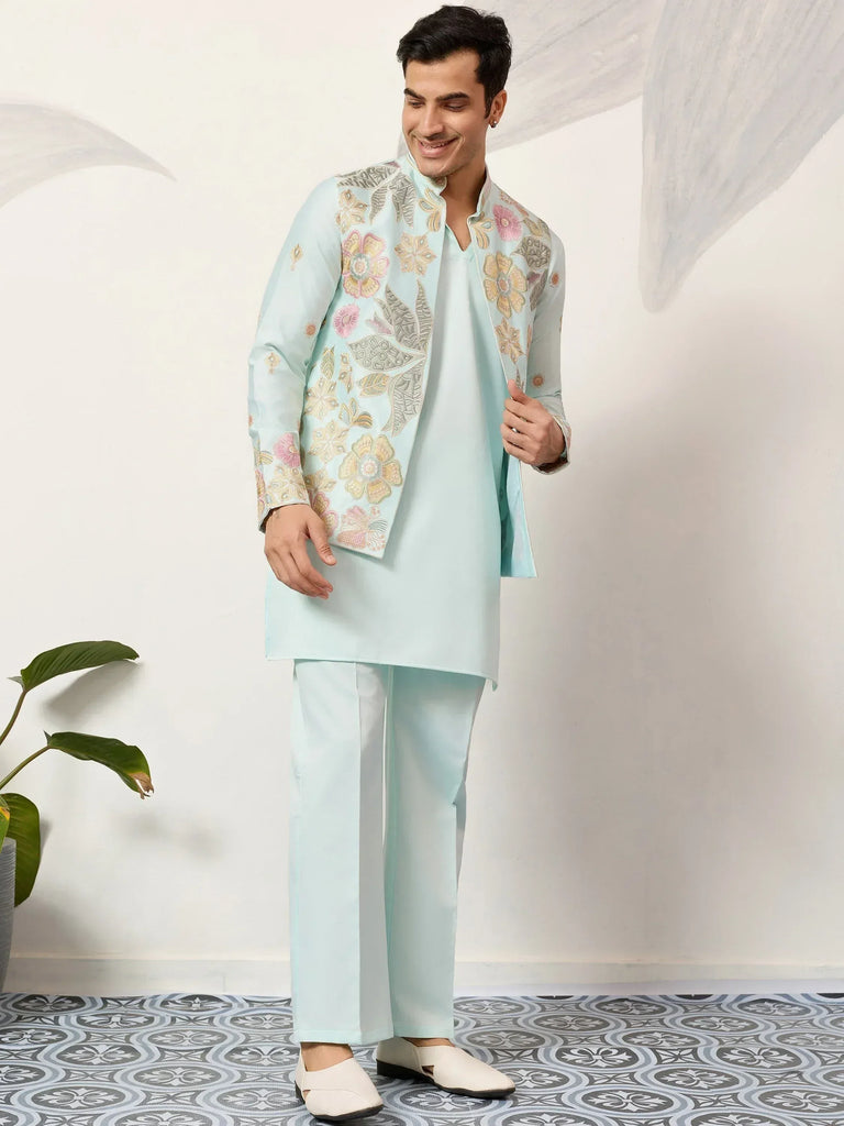 Sparkling Green Silk Function Wear Men’s Kurta With Embroidered Koti