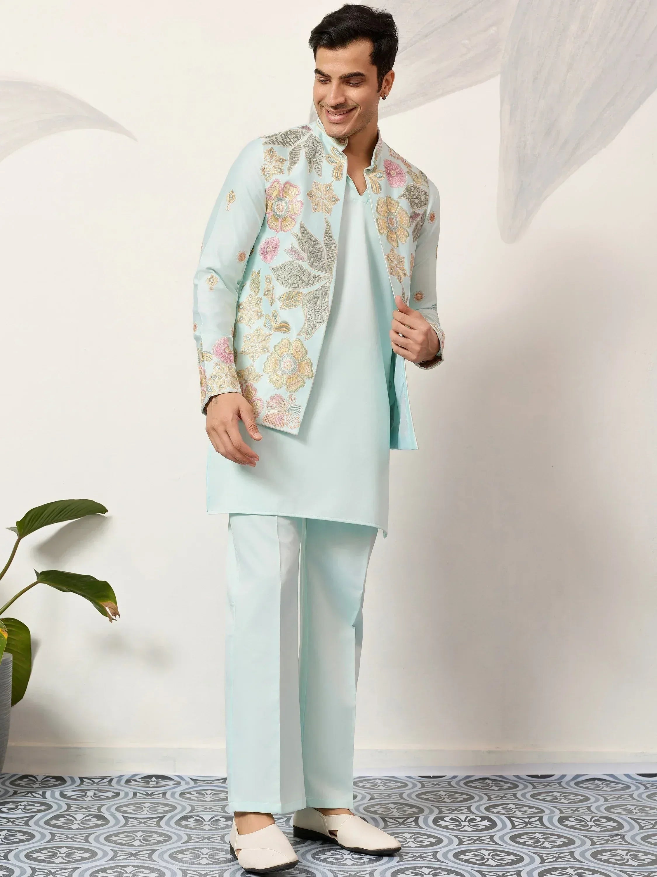 Sparkling Green Silk Function Wear Men’s Kurta With Embroidered Koti