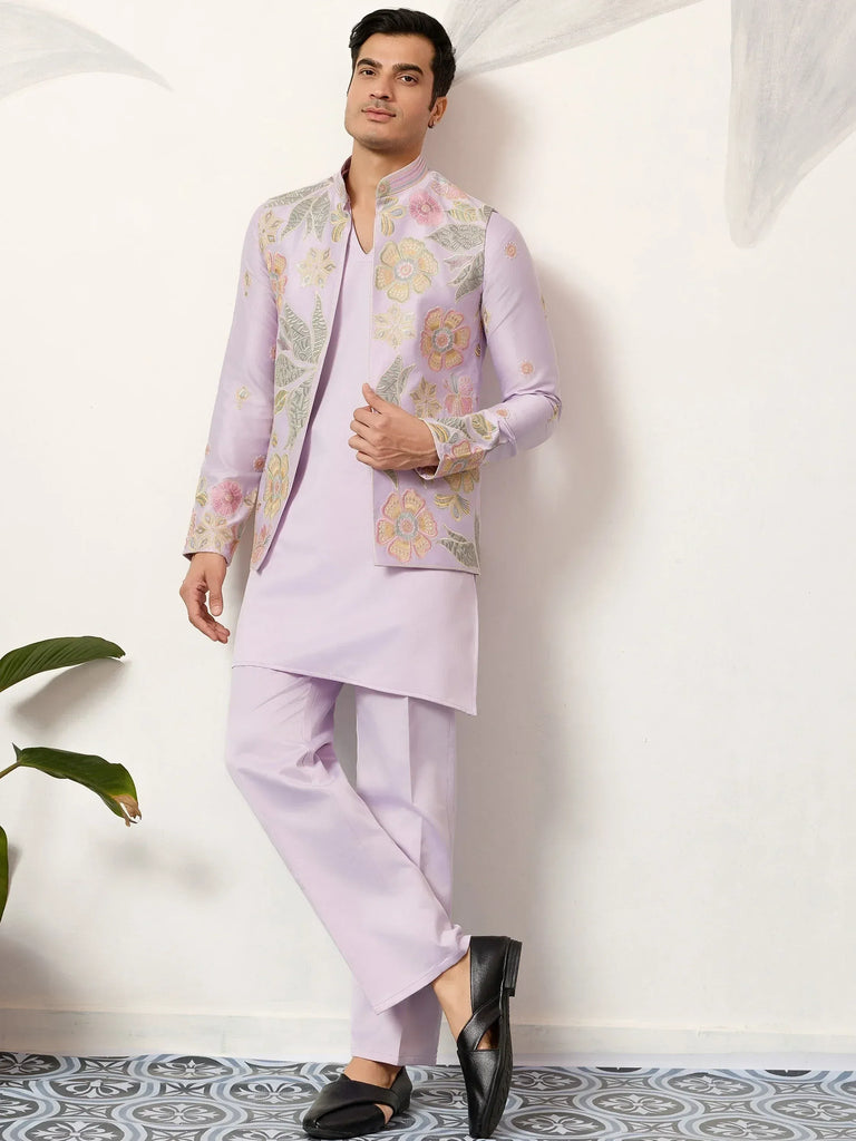 Fantastic Lavender Silk Wedding Wear Men’s Kurta With Embroidered Koti
