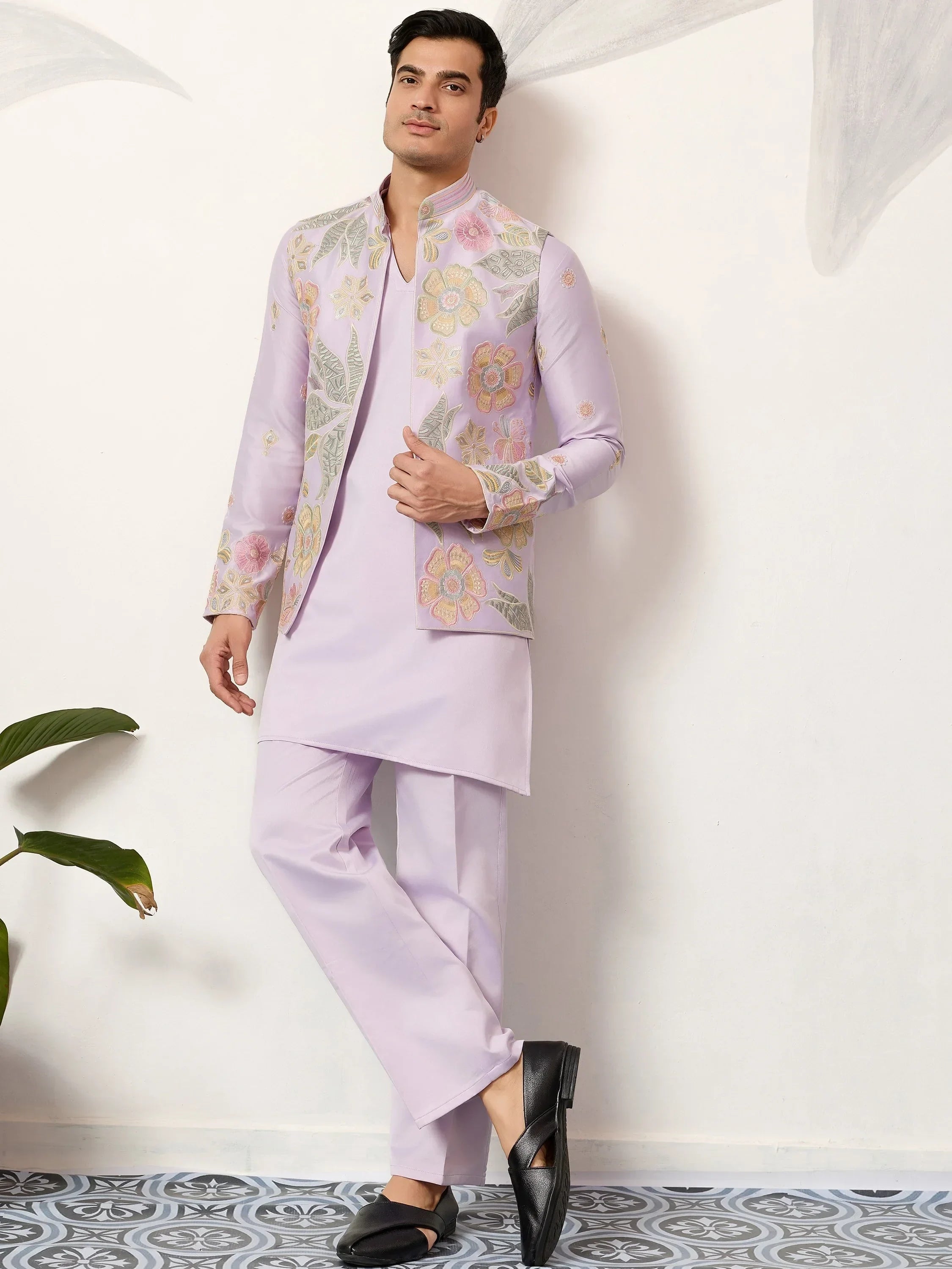 Fantastic Lavender Silk Wedding Wear Men’s Kurta With Embroidered Koti