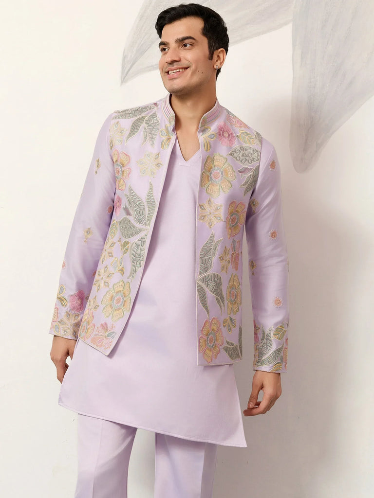 Fantastic Lavender Silk Wedding Wear Men’s Kurta With Embroidered Koti