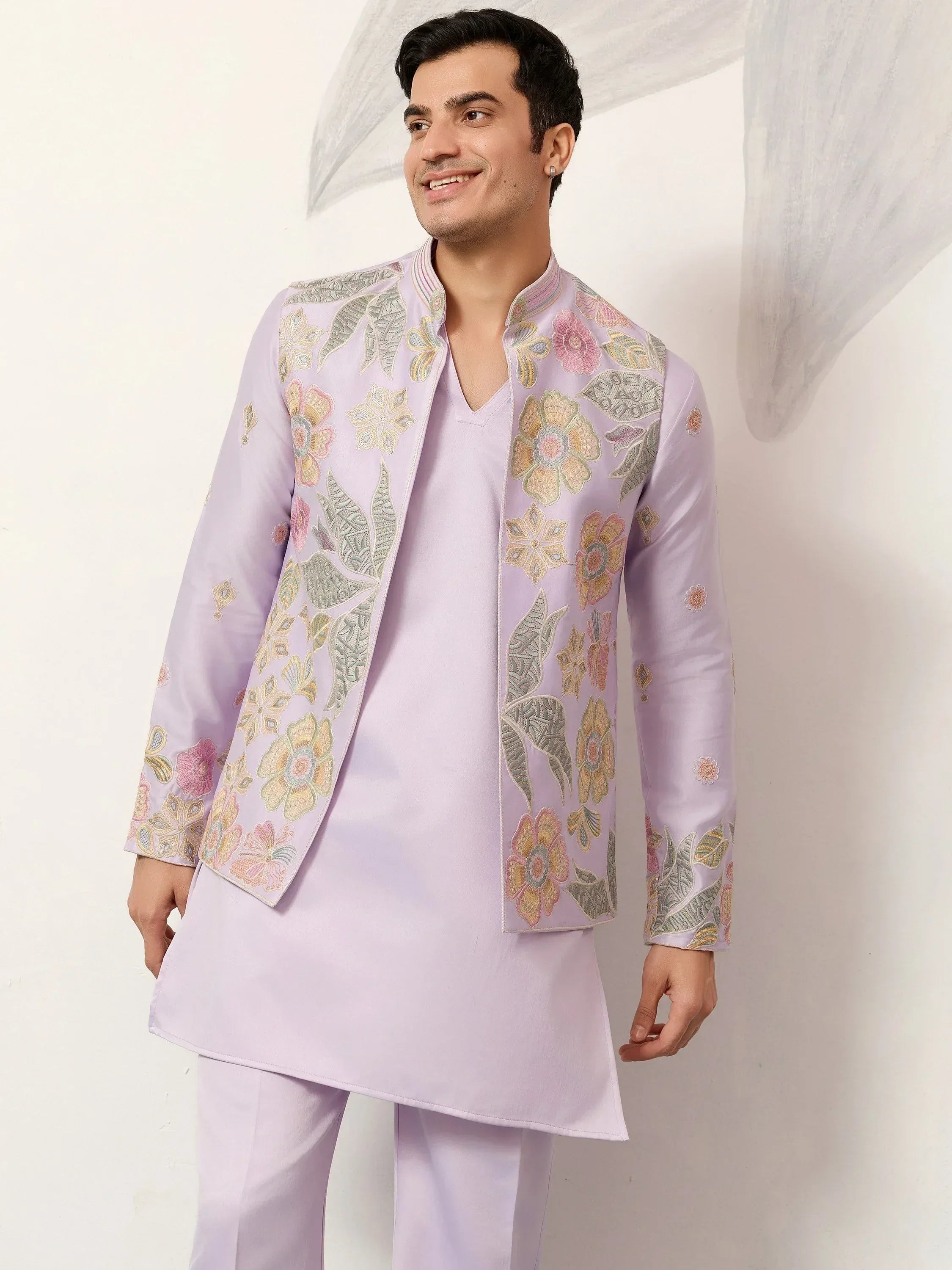 Fantastic Lavender Silk Wedding Wear Men’s Kurta With Embroidered Koti
