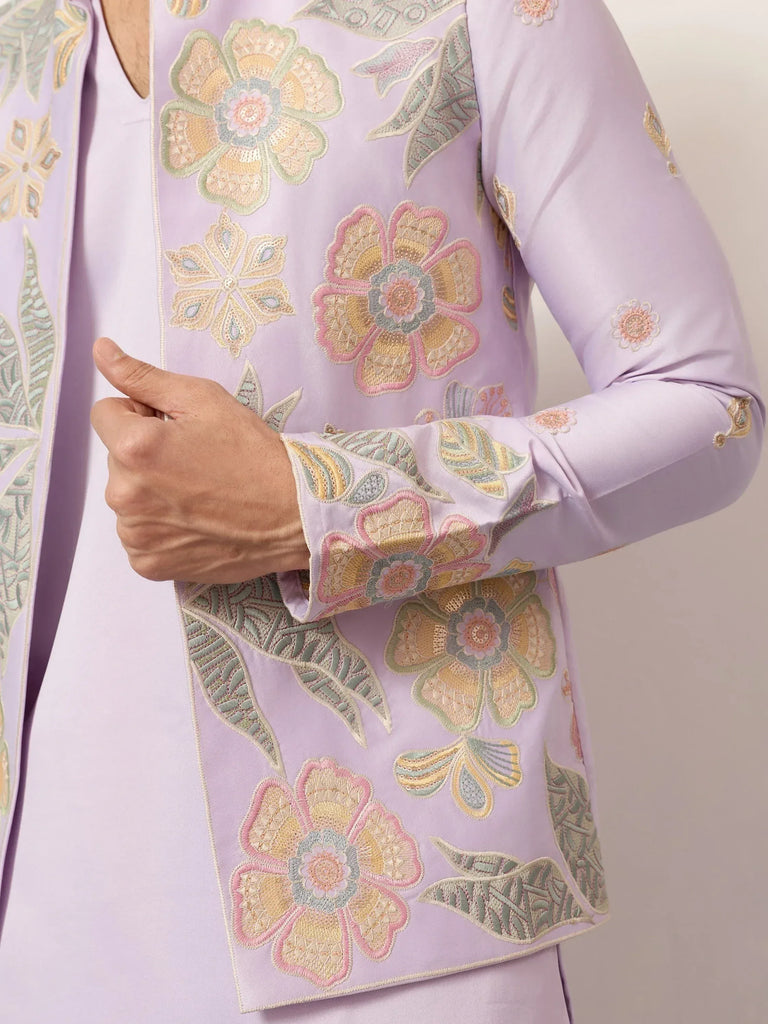 Fantastic Lavender Silk Wedding Wear Men’s Kurta With Embroidered Koti