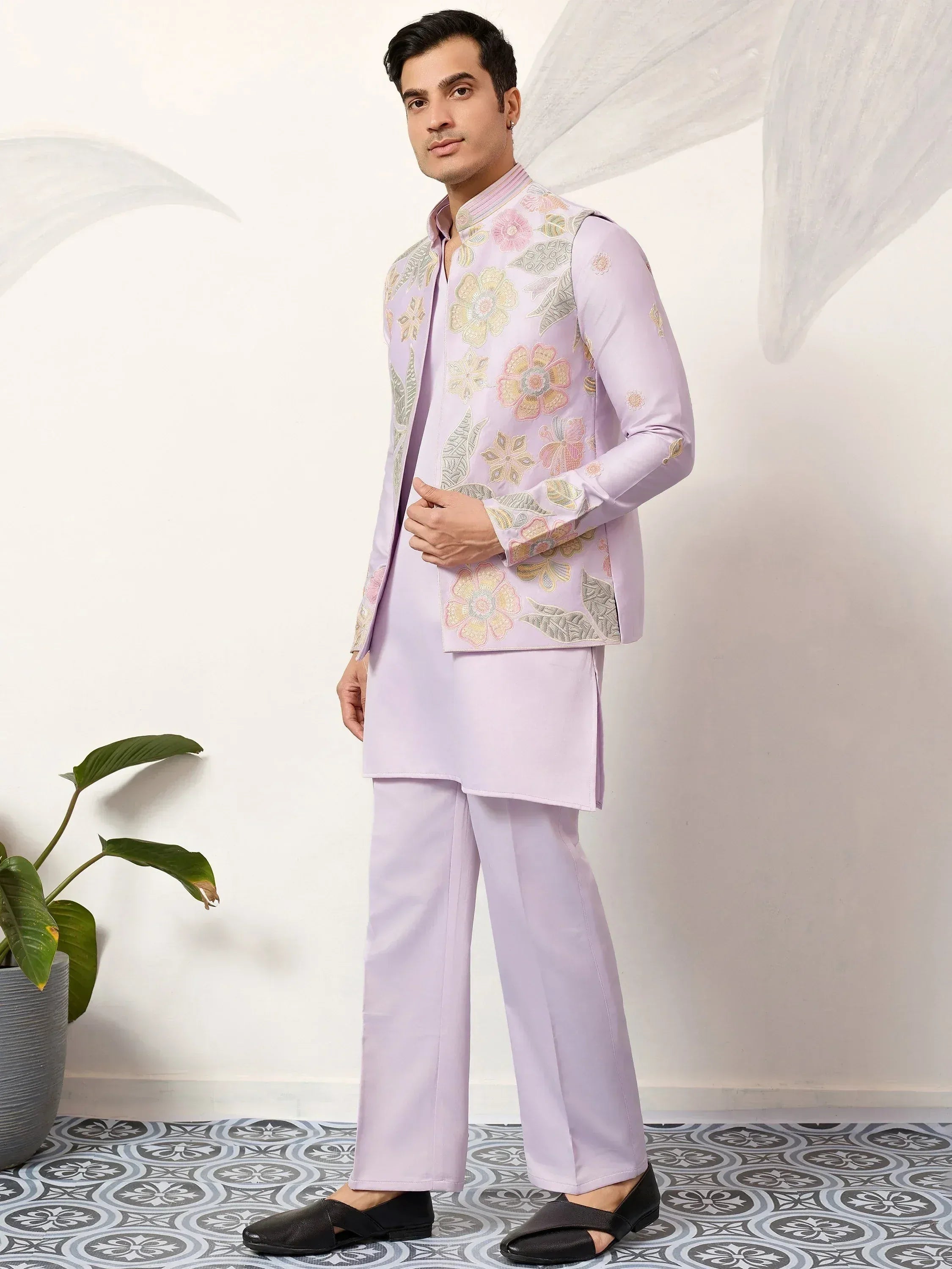 Fantastic Lavender Silk Wedding Wear Men’s Kurta With Embroidered Koti