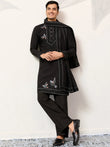 Fabulous Black Embroidered Silk Wedding Wear Men’s Kurta With Dupatta