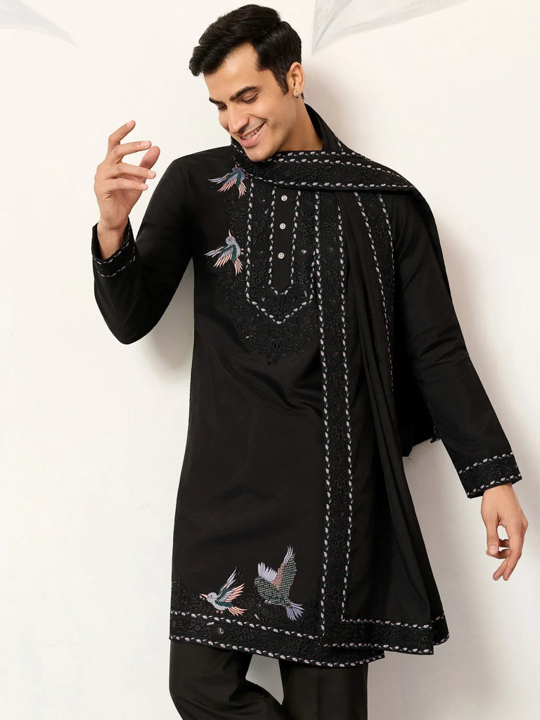 Fabulous Black Embroidered Silk Wedding Wear Men’s Kurta With Dupatta