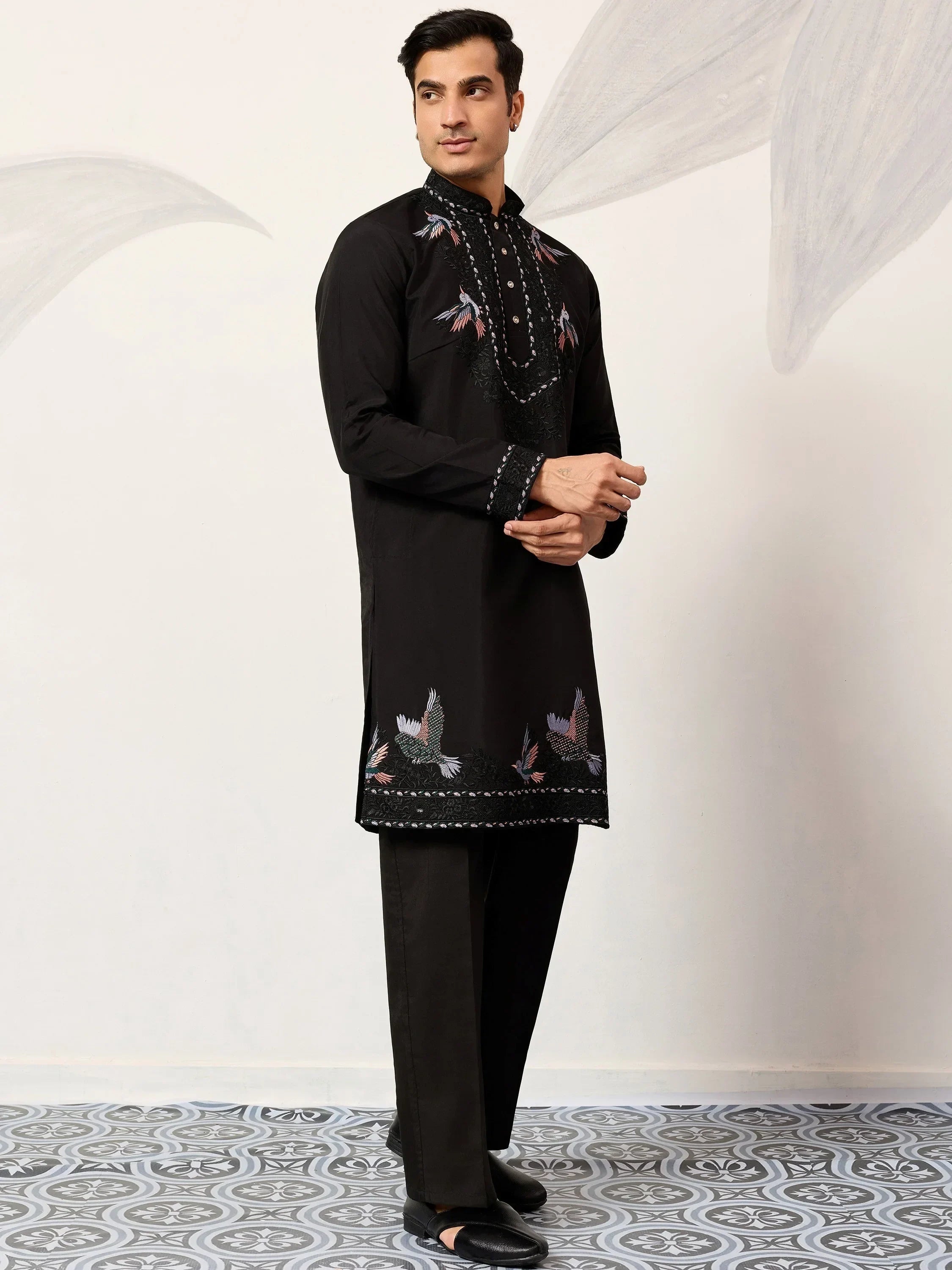 Fabulous Black Embroidered Silk Wedding Wear Men’s Kurta With Dupatta