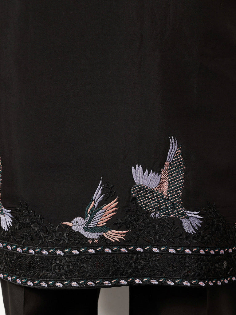 Fabulous Black Embroidered Silk Wedding Wear Men’s Kurta With Dupatta