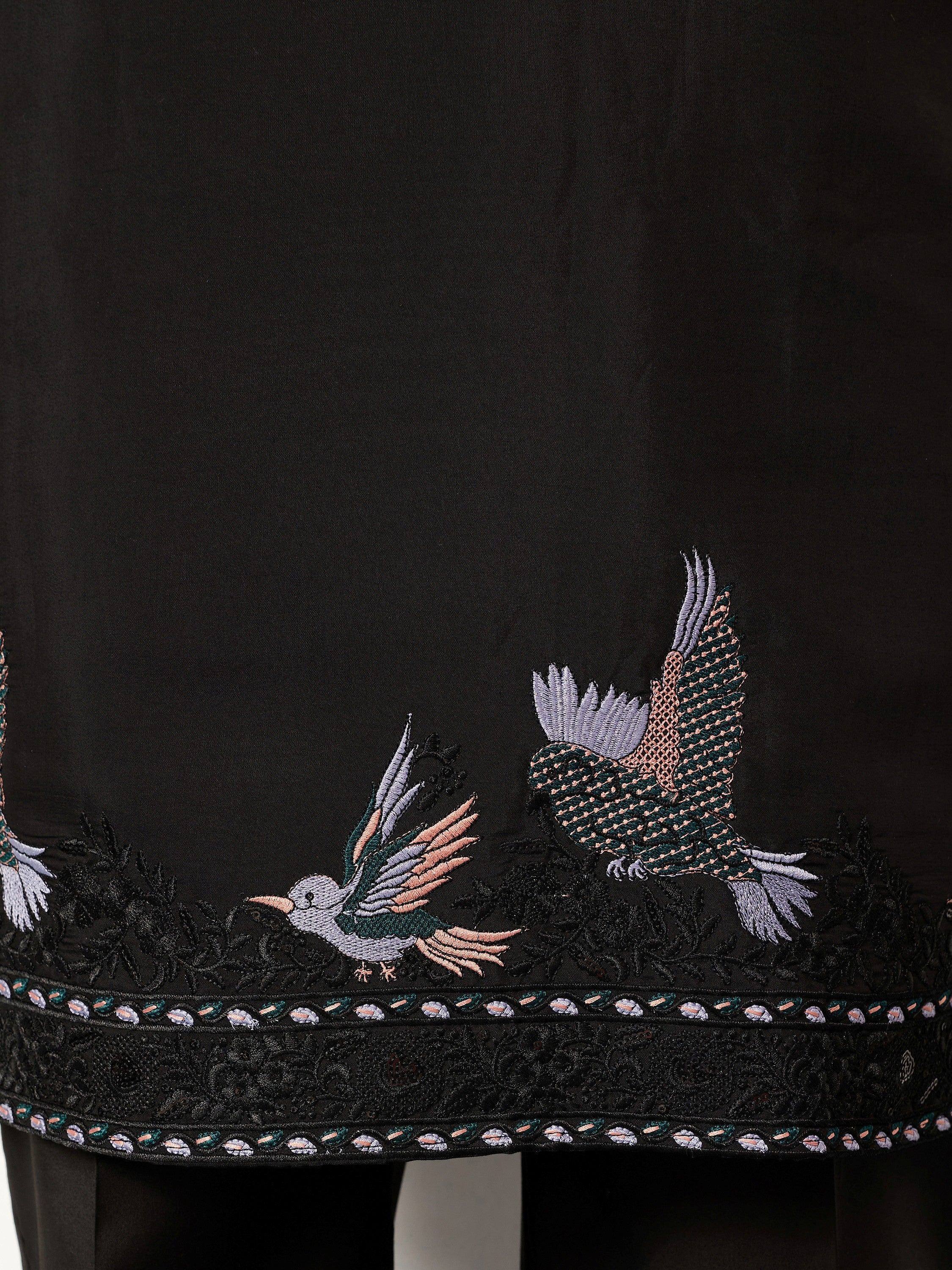 Fabulous Black Embroidered Silk Wedding Wear Men’s Kurta With Dupatta
