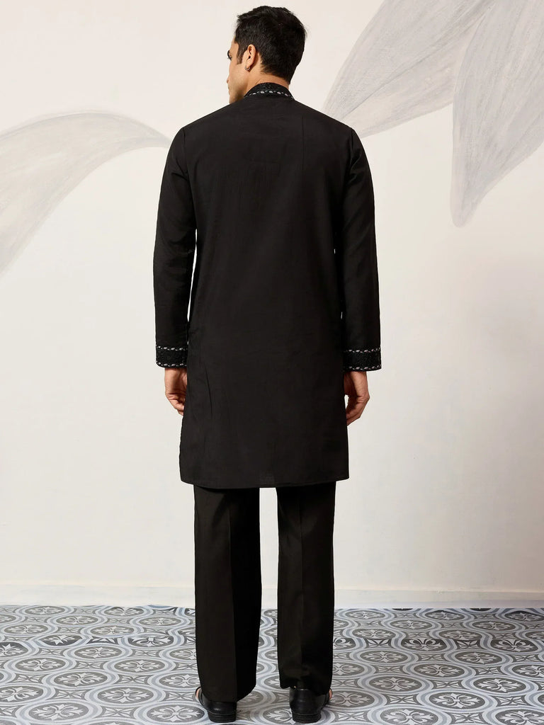 Fabulous Black Embroidered Silk Wedding Wear Men’s Kurta With Dupatta