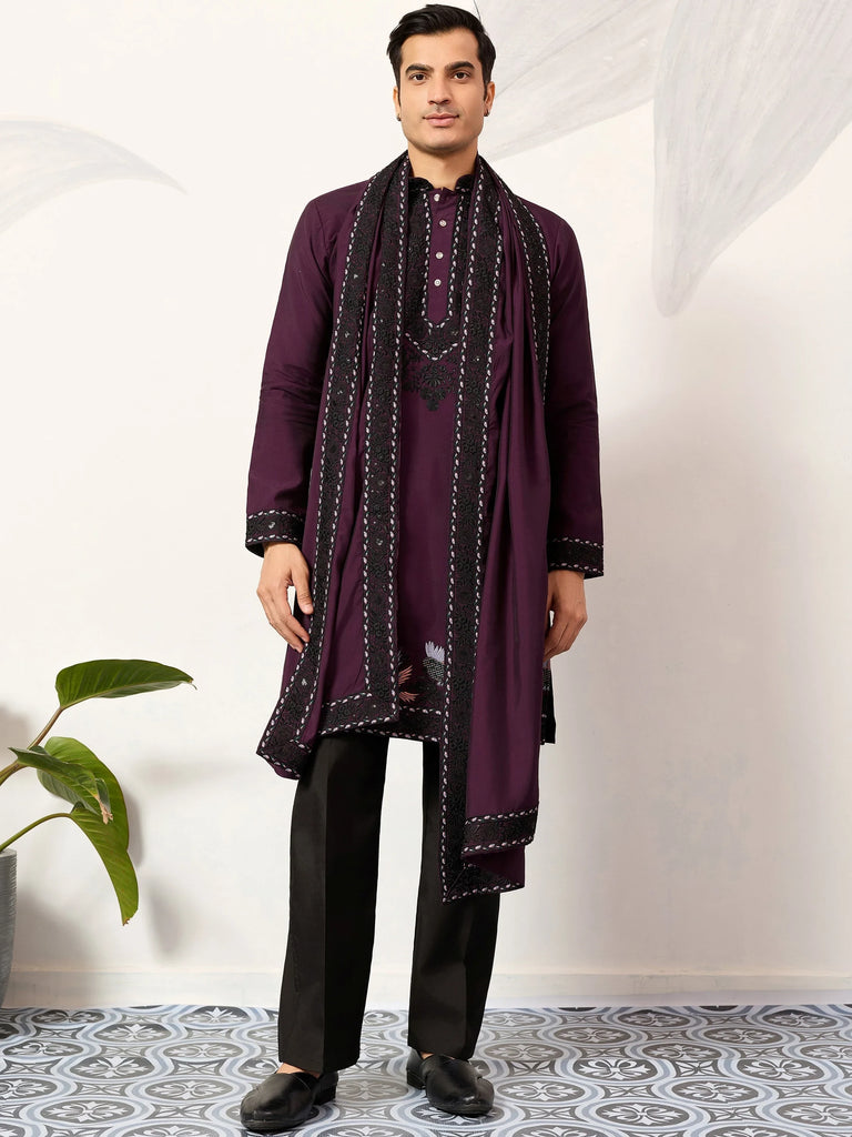 Adorable Wine Embroidered Silk Festival Wear Men’s Kurta With Dupatta