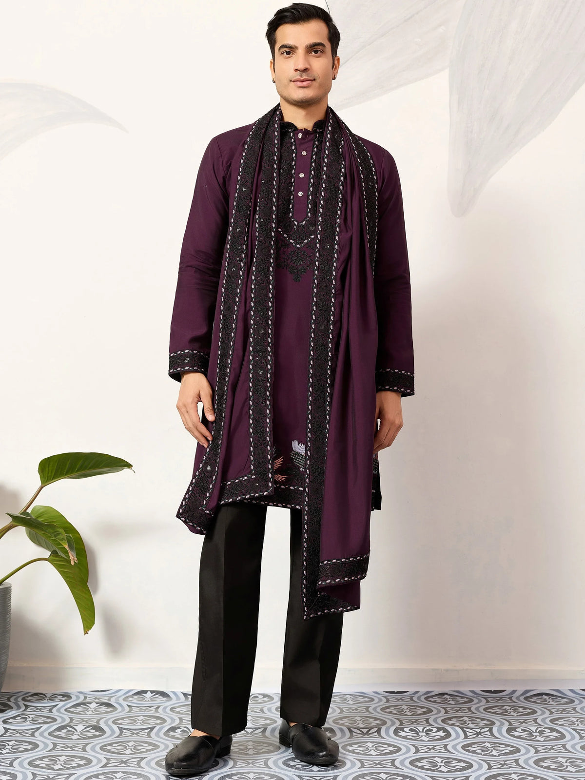 Adorable Wine Embroidered Silk Festival Wear Men’s Kurta With Dupatta