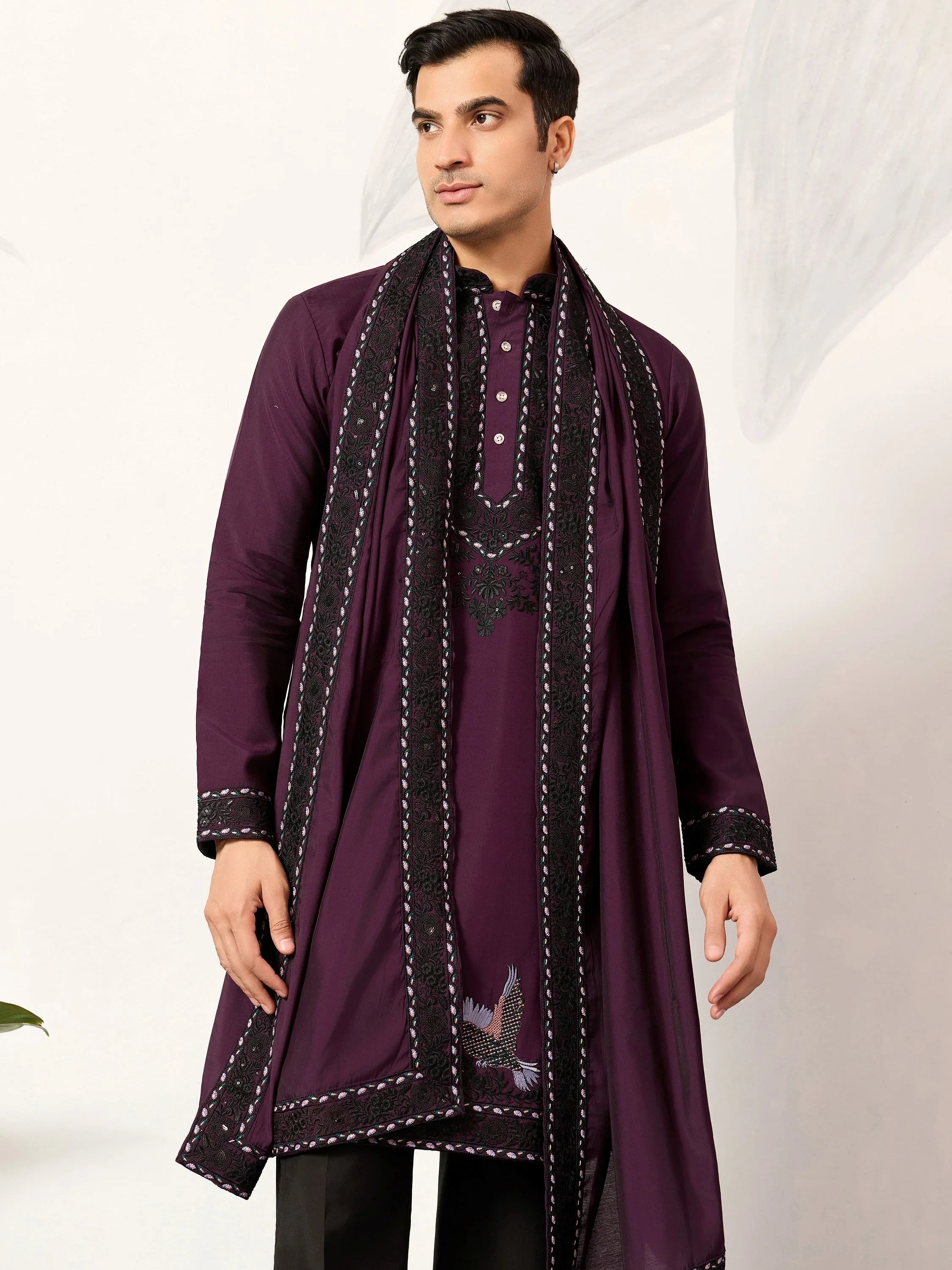 Adorable Wine Embroidered Silk Festival Wear Men’s Kurta With Dupatta