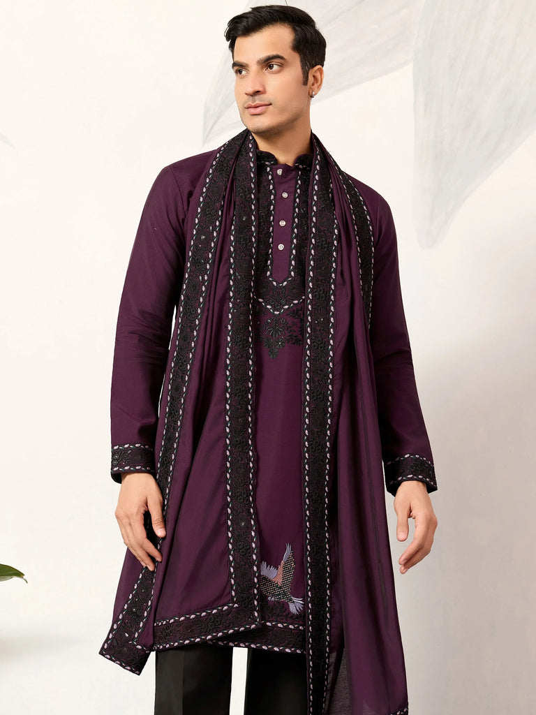 Adorable Wine Embroidered Silk Festival Wear Men’s Kurta With Dupatta