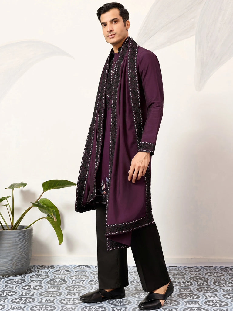 Adorable Wine Embroidered Silk Festival Wear Men’s Kurta With Dupatta