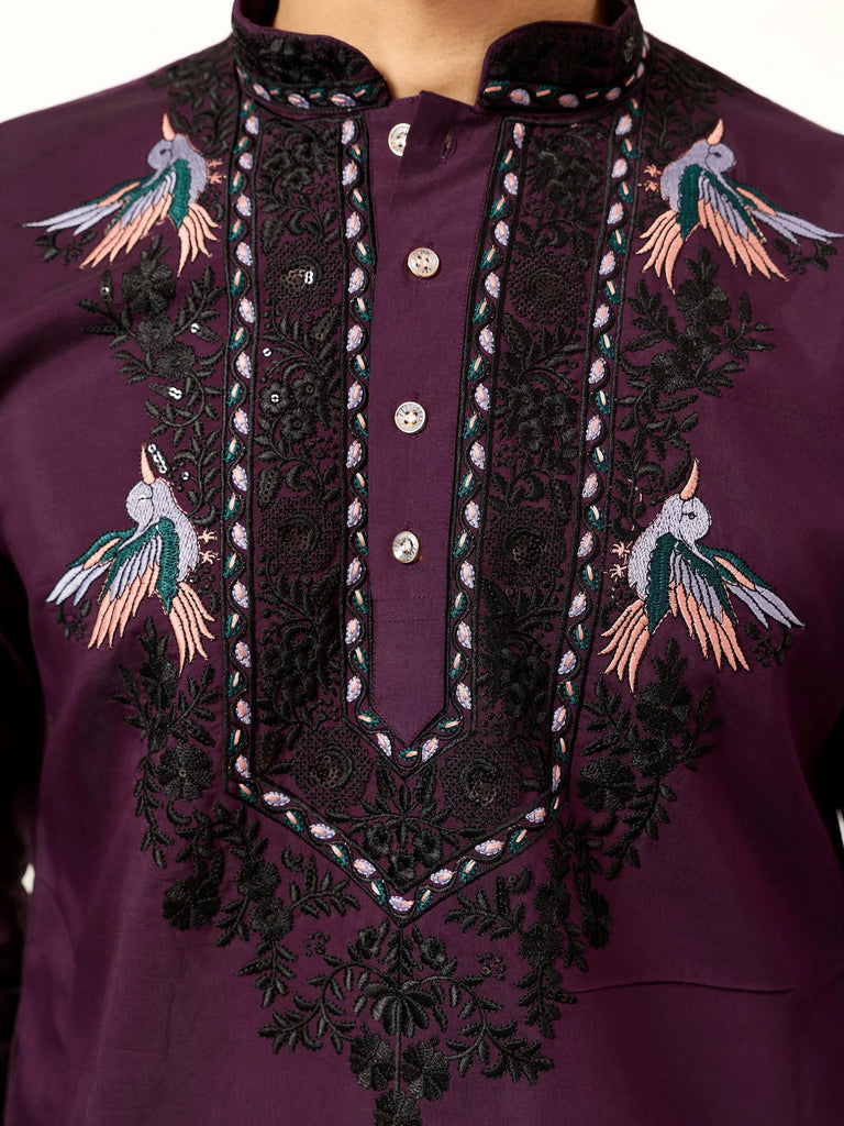 Adorable Wine Embroidered Silk Festival Wear Men’s Kurta With Dupatta