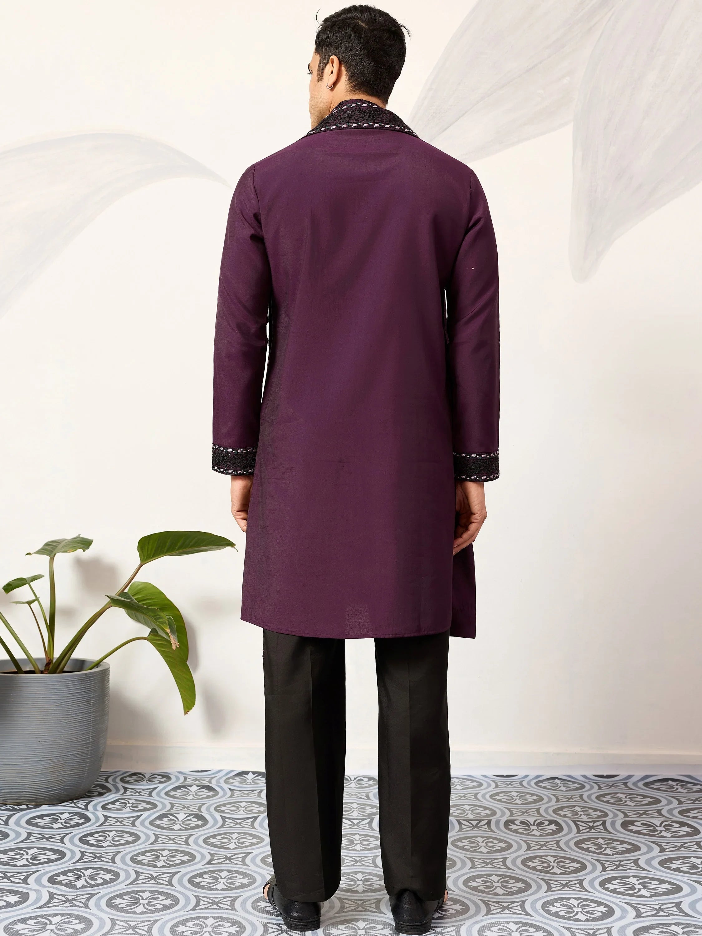 Adorable Wine Embroidered Silk Festival Wear Men’s Kurta With Dupatta