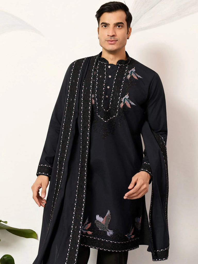 Great Navy Blue Embroidered Silk Function Wear Men’s Kurta With Dupatta