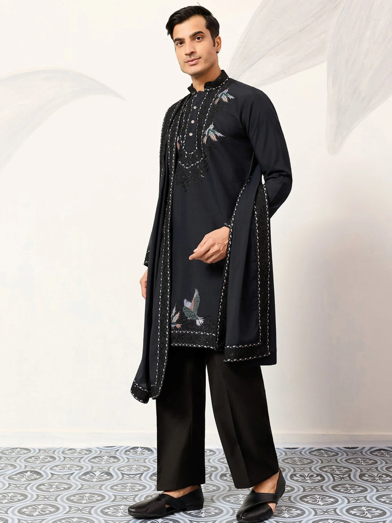 Great Navy Blue Embroidered Silk Function Wear Men’s Kurta With Dupatta