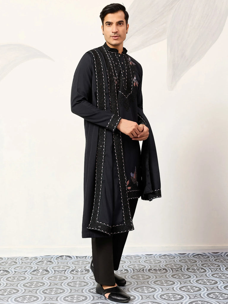 Great Navy Blue Embroidered Silk Function Wear Men’s Kurta With Dupatta