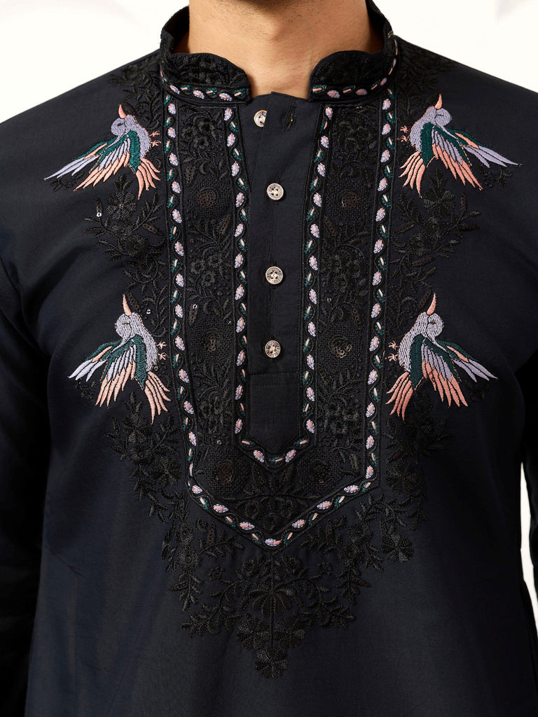 Great Navy Blue Embroidered Silk Function Wear Men’s Kurta With Dupatta