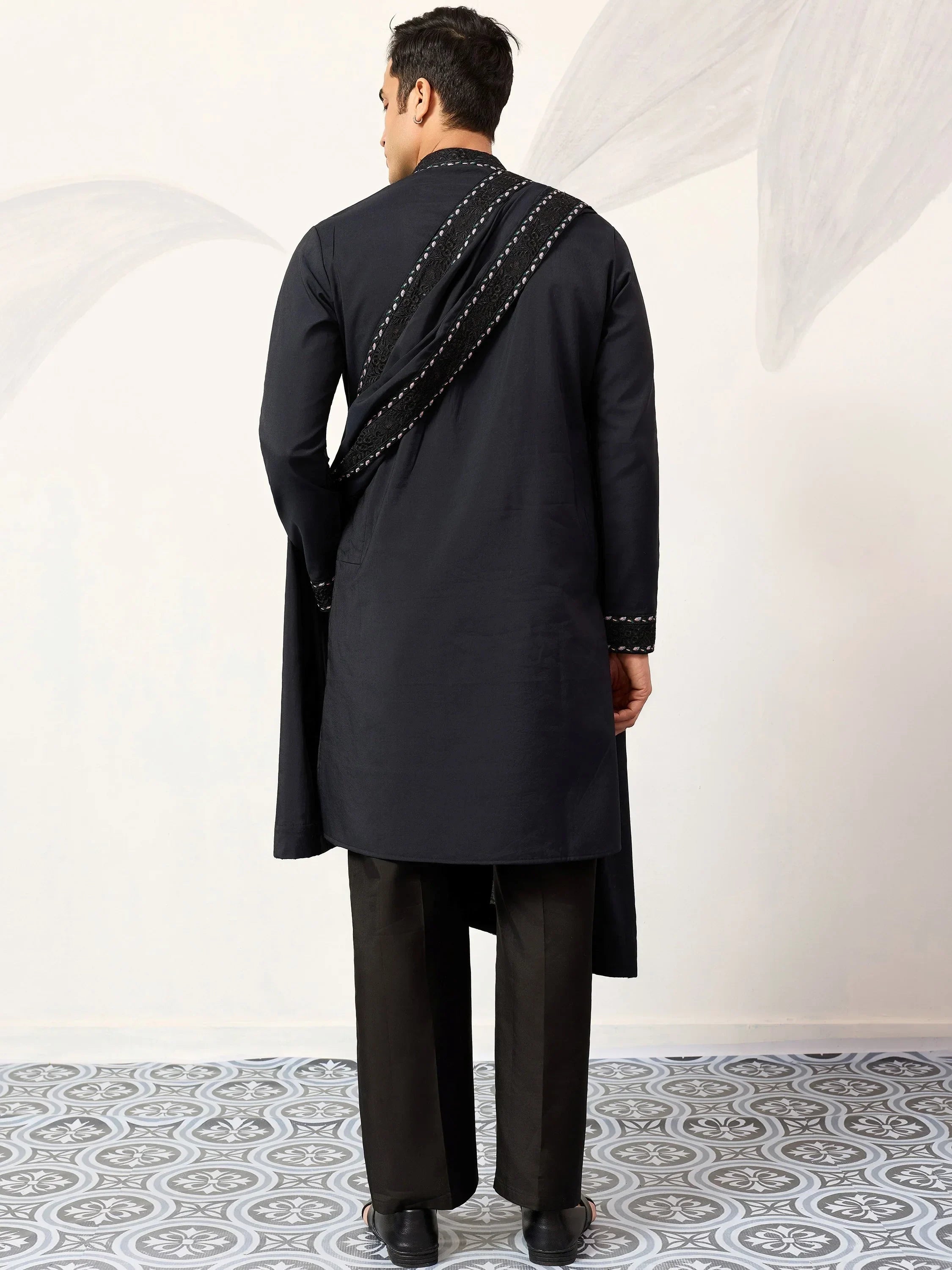 Great Navy Blue Embroidered Silk Function Wear Men’s Kurta With Dupatta