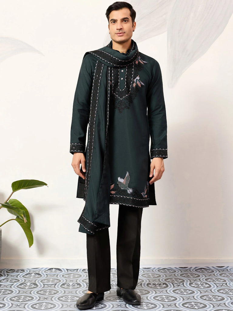 Wonderful Green Embroidered Silk Wedding Wear Men’s Kurta With Dupatta