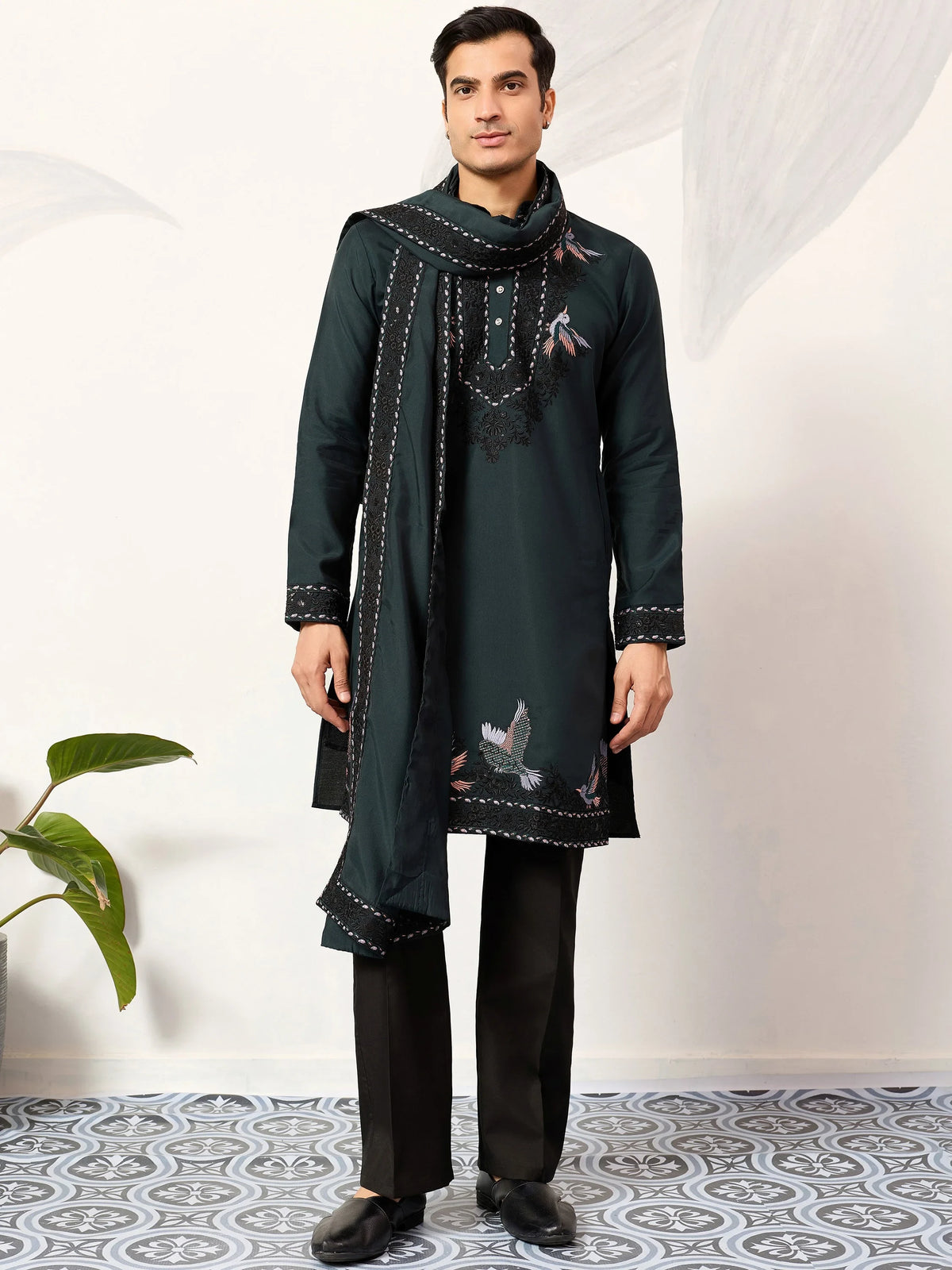 Wonderful Green Embroidered Silk Wedding Wear Men’s Kurta With Dupatta
