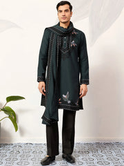 Wonderful Green Embroidered Silk Wedding Wear Men’s Kurta With Dupatta