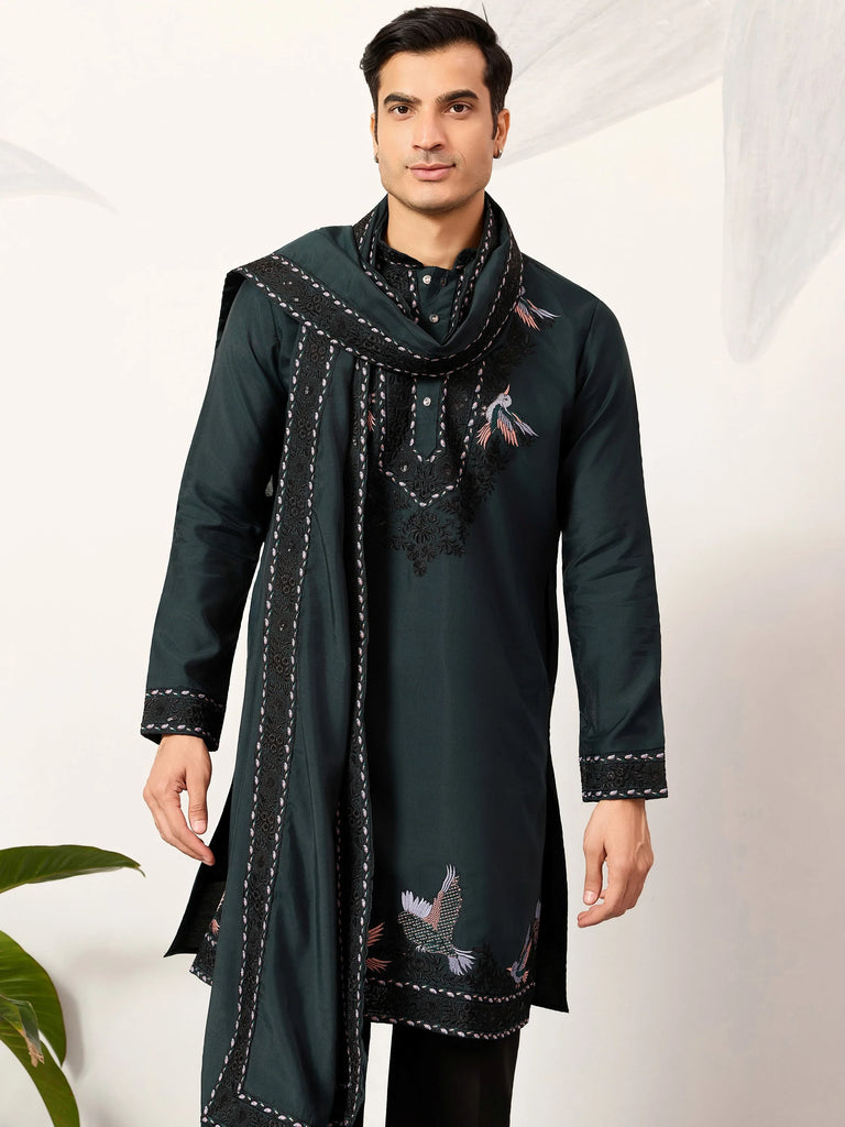 Wonderful Green Embroidered Silk Wedding Wear Men’s Kurta With Dupatta