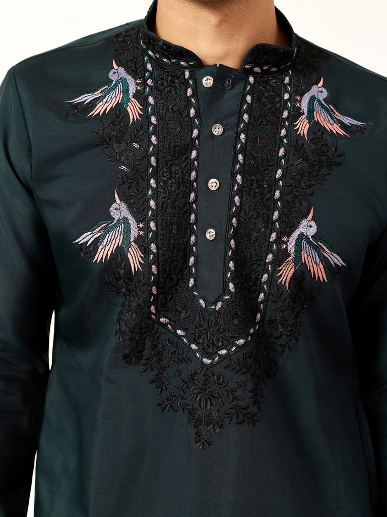 Wonderful Green Embroidered Silk Wedding Wear Men’s Kurta With Dupatta