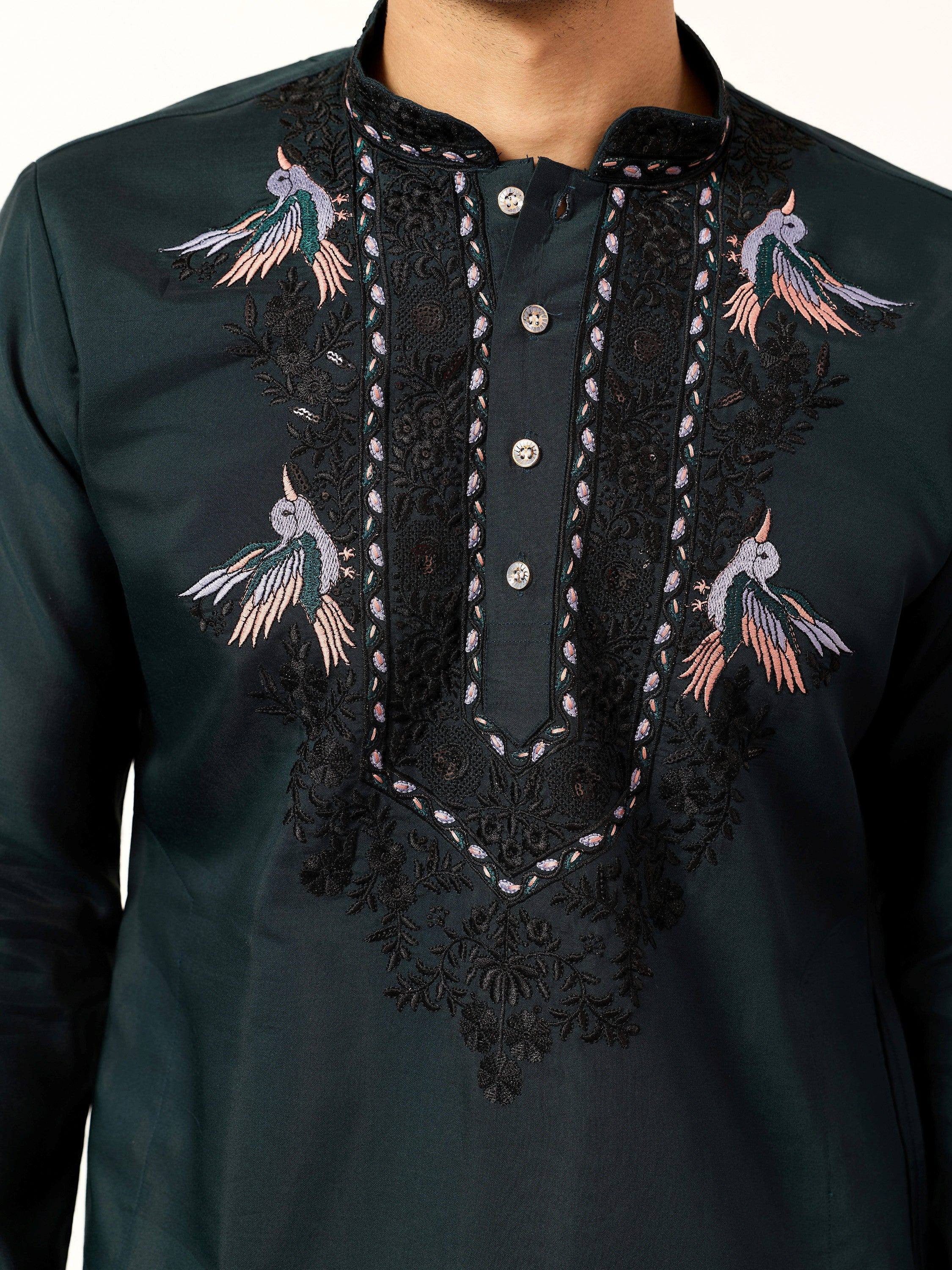 Wonderful Green Embroidered Silk Wedding Wear Men’s Kurta With Dupatta