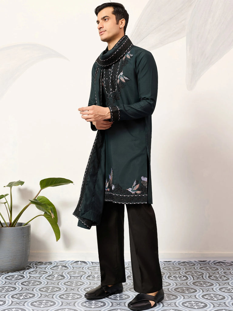 Wonderful Green Embroidered Silk Wedding Wear Men’s Kurta With Dupatta