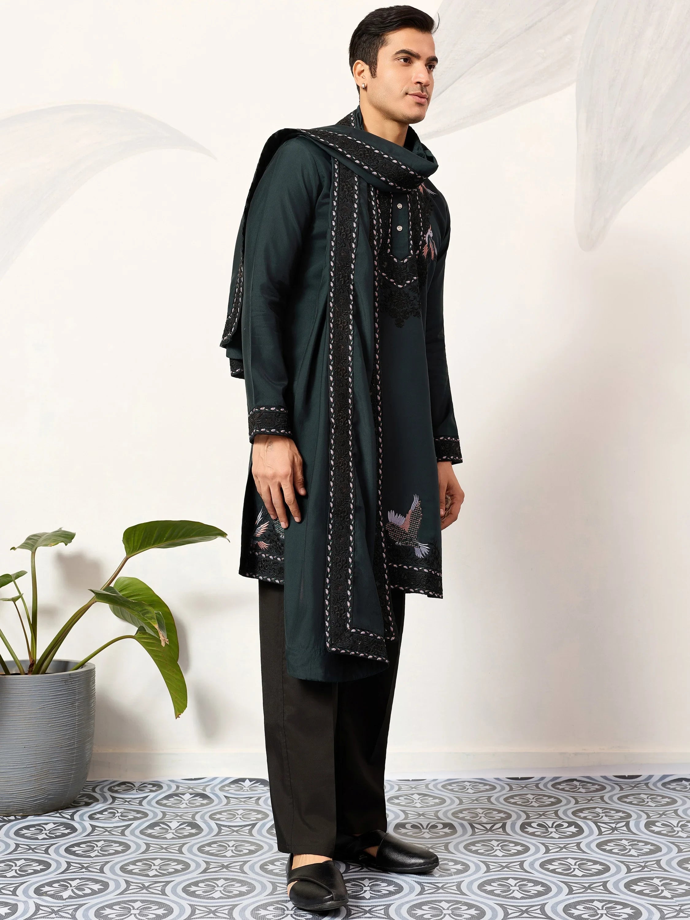 Wonderful Green Embroidered Silk Wedding Wear Men’s Kurta With Dupatta