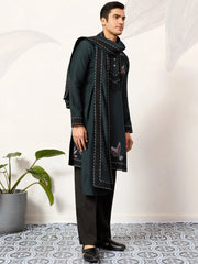 Wonderful Green Embroidered Silk Wedding Wear Men’s Kurta With Dupatta