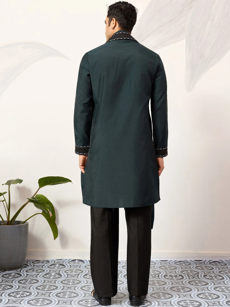 Wonderful Green Embroidered Silk Wedding Wear Men’s Kurta With Dupatta