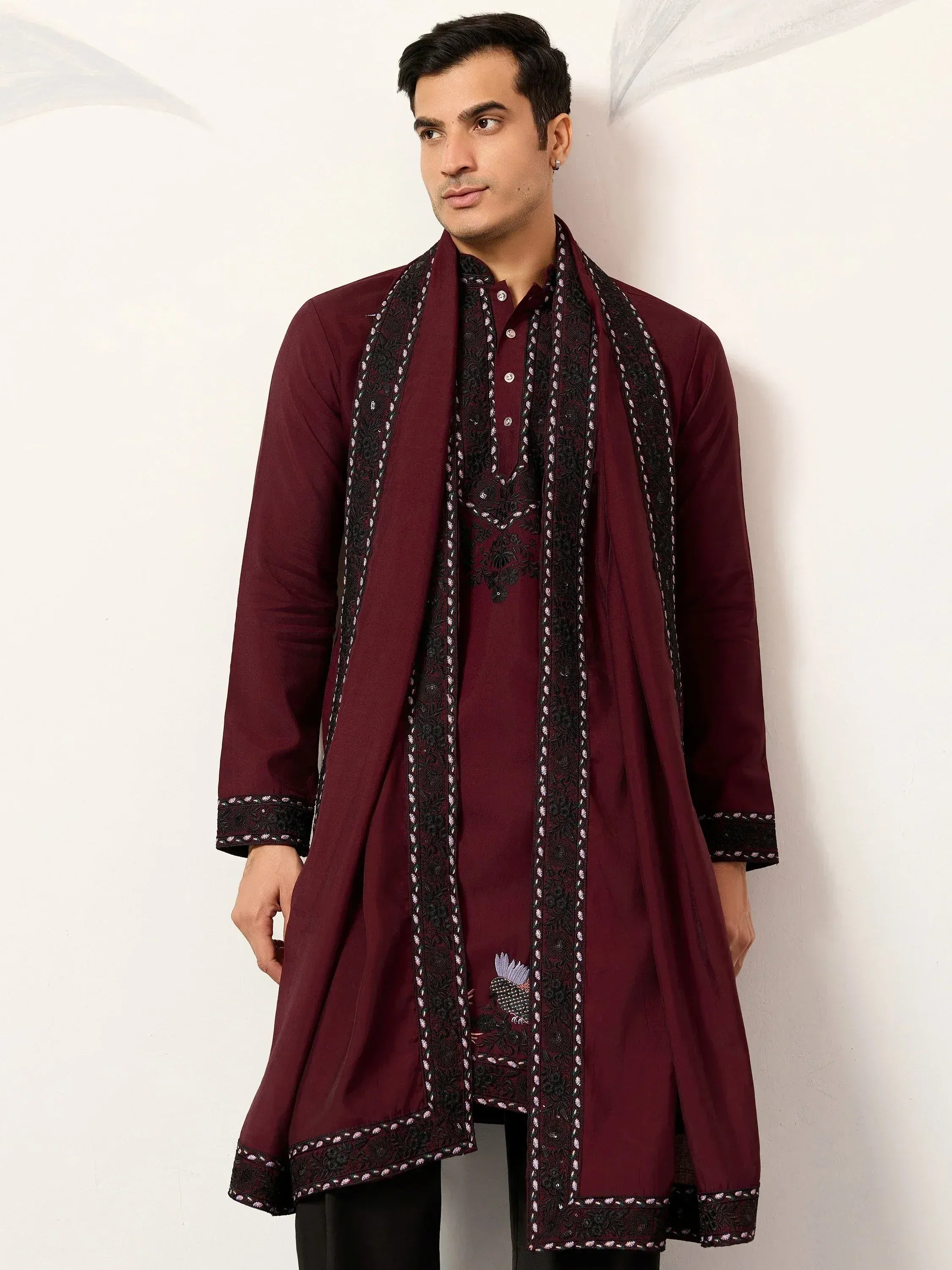 Classic Maroon Embroidered Silk Function Wear Men’s Kurta With Dupatta