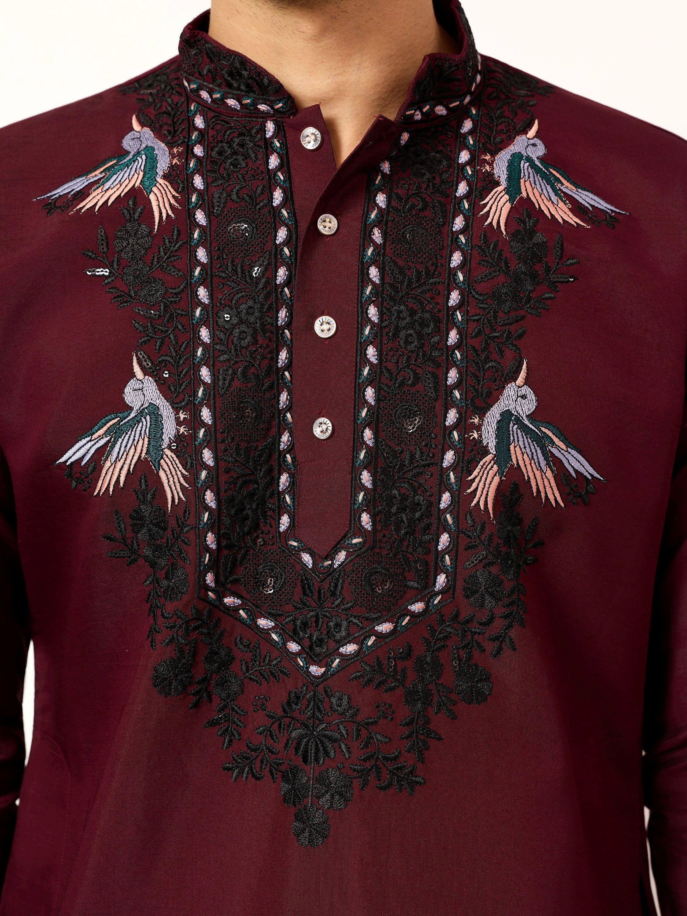 Classic Maroon Embroidered Silk Function Wear Men’s Kurta With Dupatta