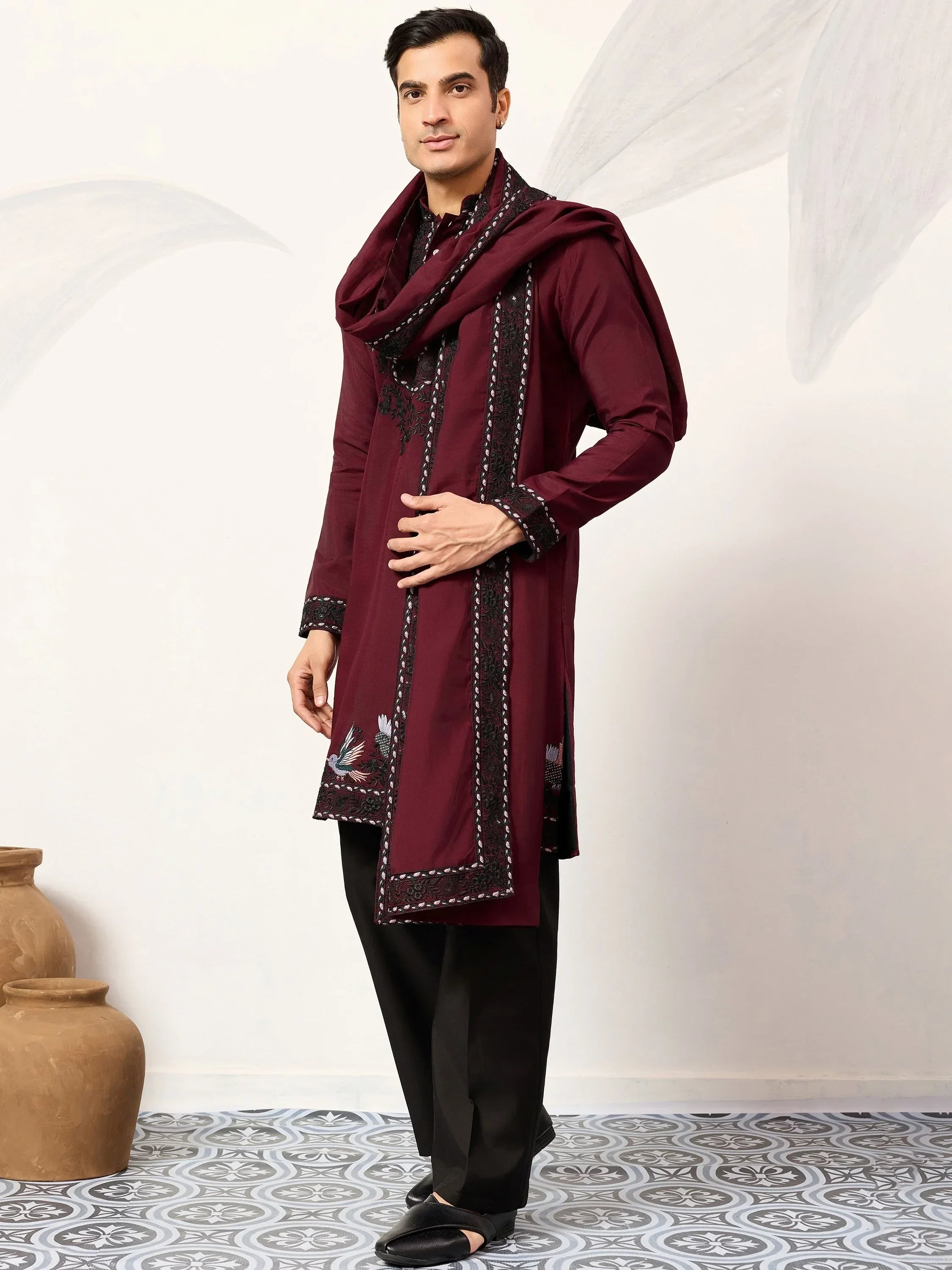 Classic Maroon Embroidered Silk Function Wear Men’s Kurta With Dupatta