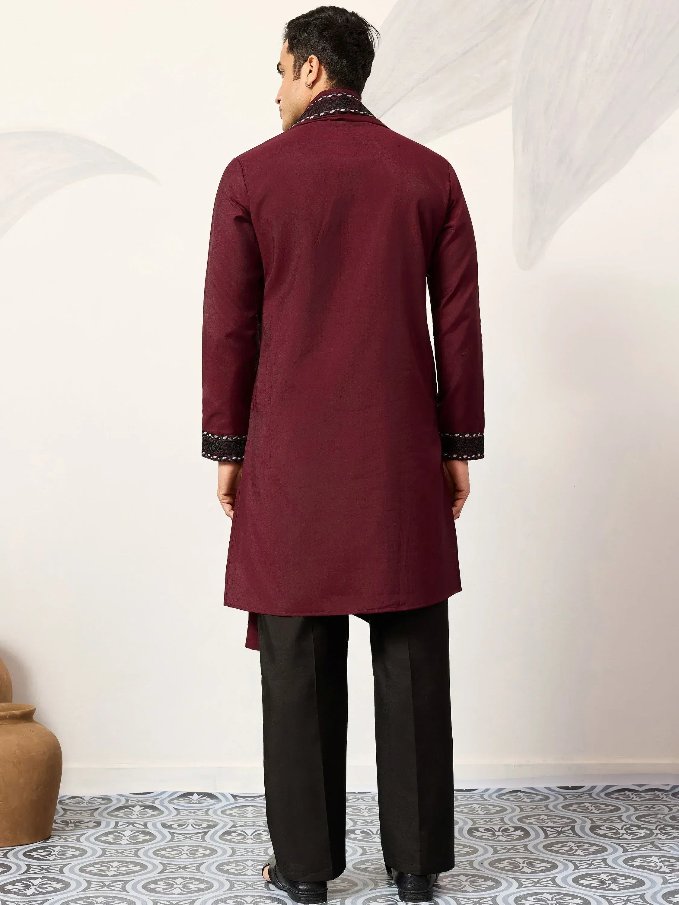 Classic Maroon Embroidered Silk Function Wear Men’s Kurta With Dupatta