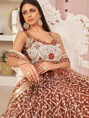 Lovely Brown Thread Embroidered Net Festive Lehenga Choli