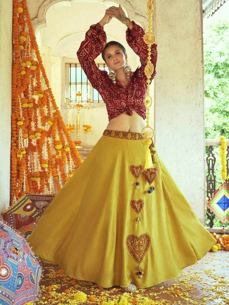 Ravishing Flouracent Green Silk Embroidered Readymade Navratri Crop Top With Lehenga
