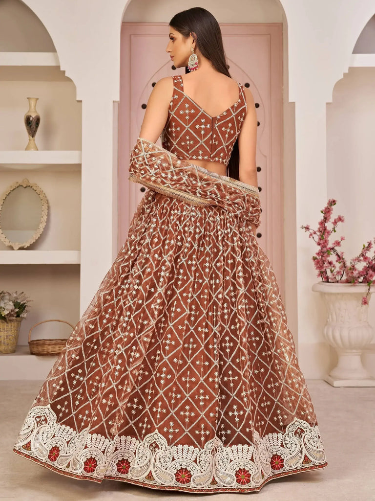 Lovely Brown Thread Embroidered Net Festive Lehenga Choli