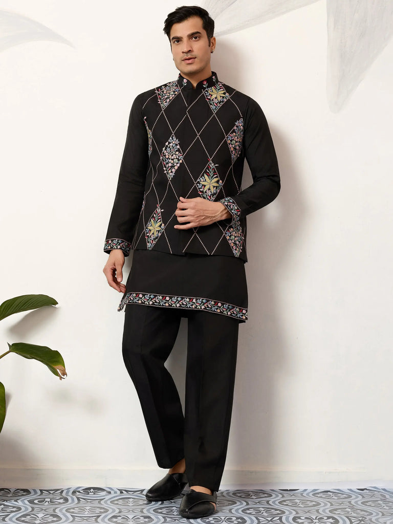 Great Black Embroidered Silk Wedding Wear Men’s Kurta Set With Jacket