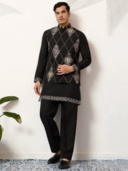 Great Black Embroidered Silk Wedding Wear Men’s Kurta Set With Jacket