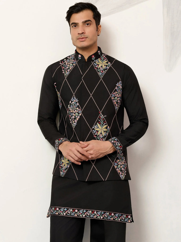 Great Black Embroidered Silk Wedding Wear Men’s Kurta Set With Jacket