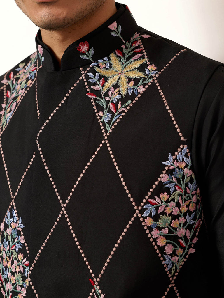 Great Black Embroidered Silk Wedding Wear Men’s Kurta Set With Jacket
